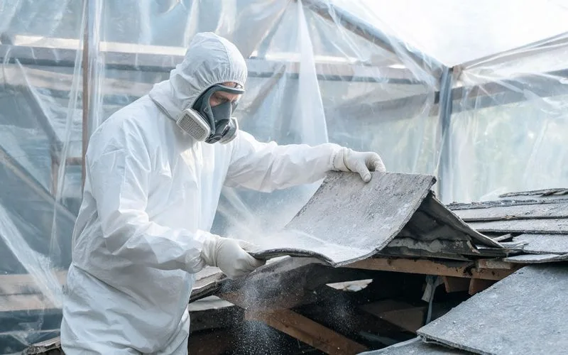 Technicien en combinaison de protection blanche retirant une plaque de fibrociment amianté d'une toiture à Bienne